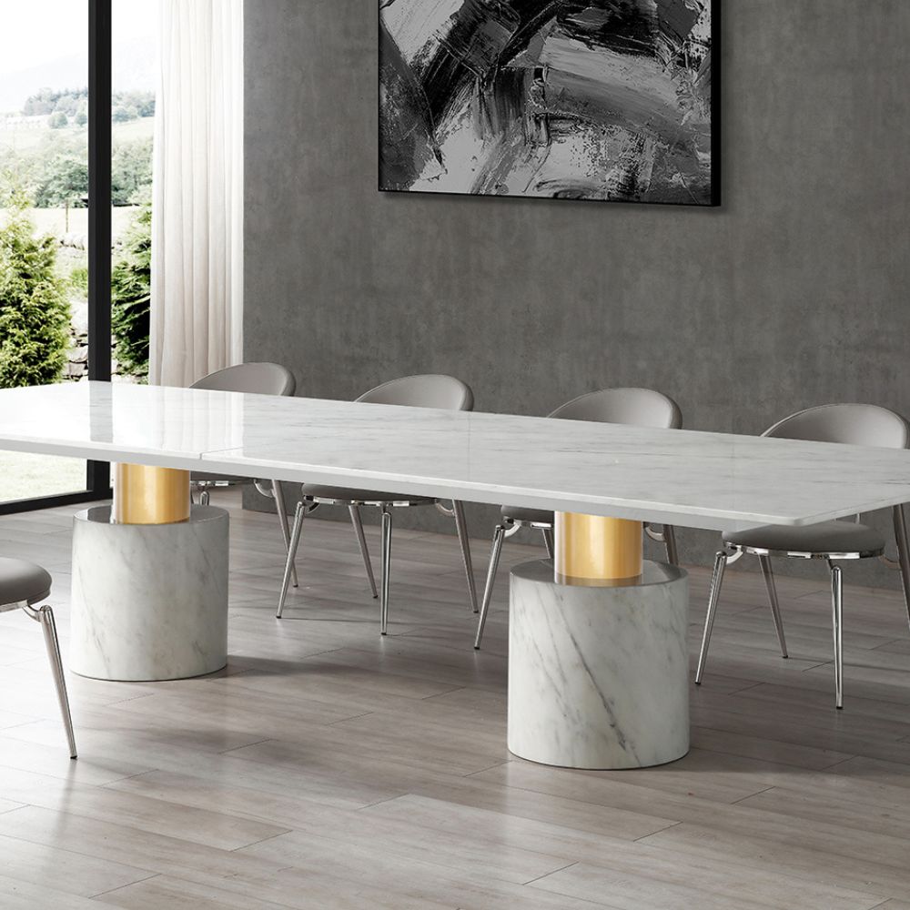 white lifestyle Geneva Marble Glossy Black/White Top Dining Table, goldstardining.com