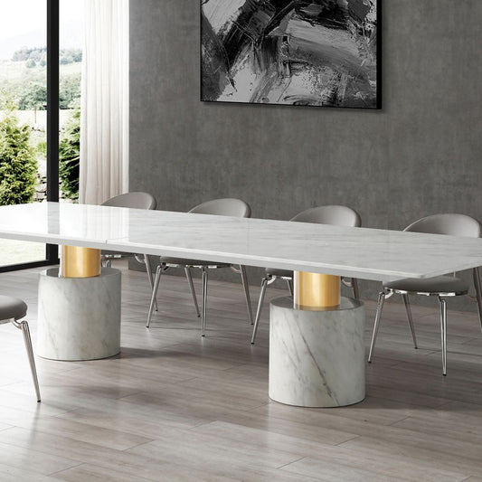 white lifestyle Geneva Marble Glossy Black/White Top Dining Table, goldstardining.com