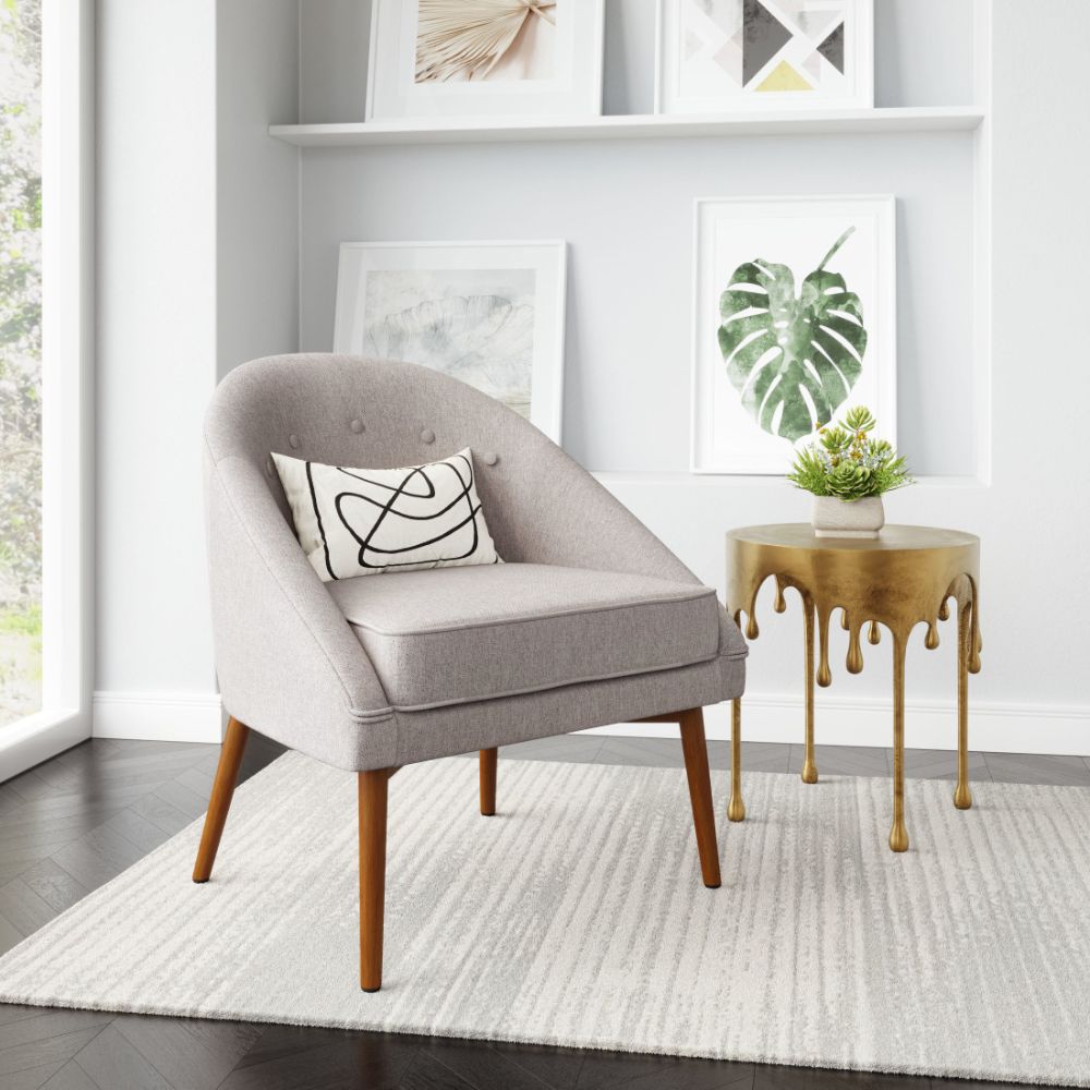 28" Gray And Brown Fabric And Upholstered Tufted Barrel Chair