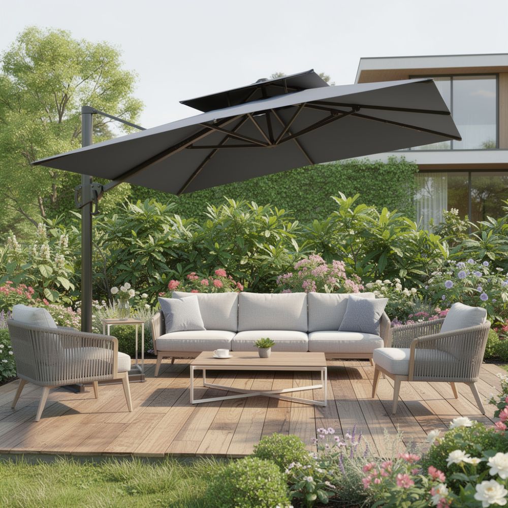 11' Dark Gray Polyester Round Tilt Cantilever Patio Umbrella With Stand