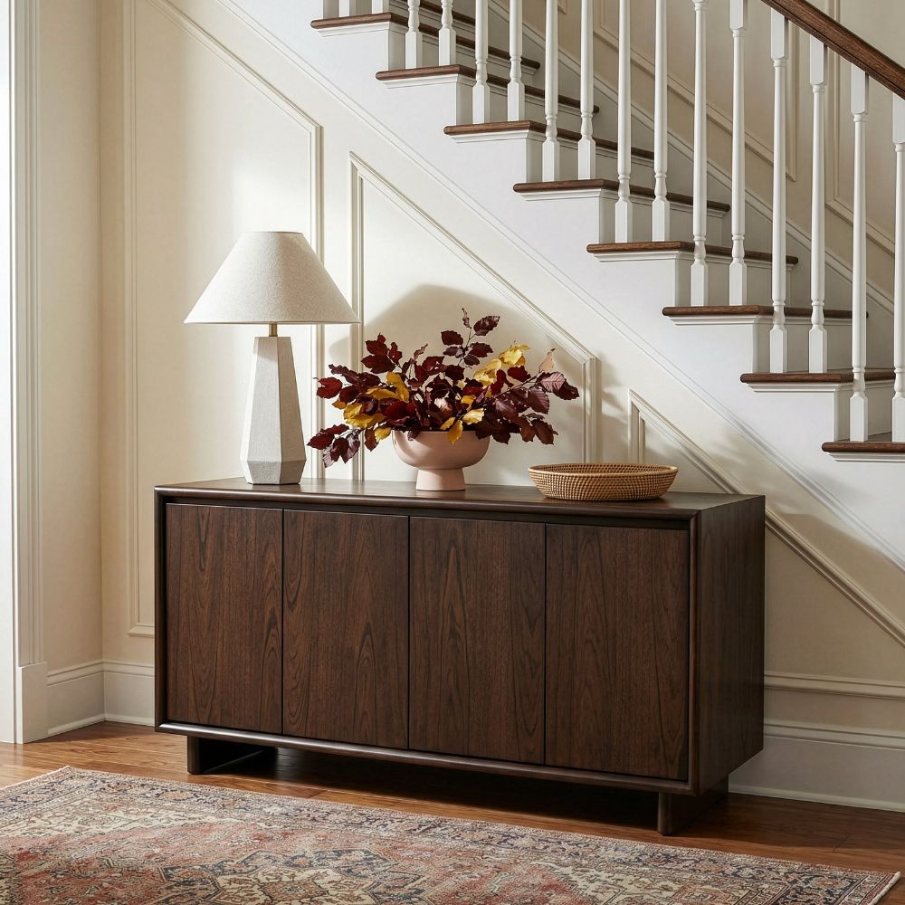 lifestyle brown Halmstad 63" Natural Wood Sideboard, goldstardining.com
