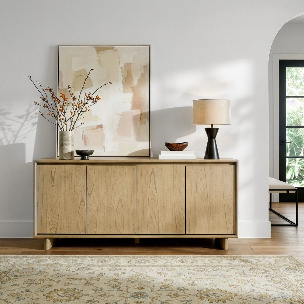 lifestyle light brown Halmstad 63" Natural Wood Sideboard, goldstardining.com