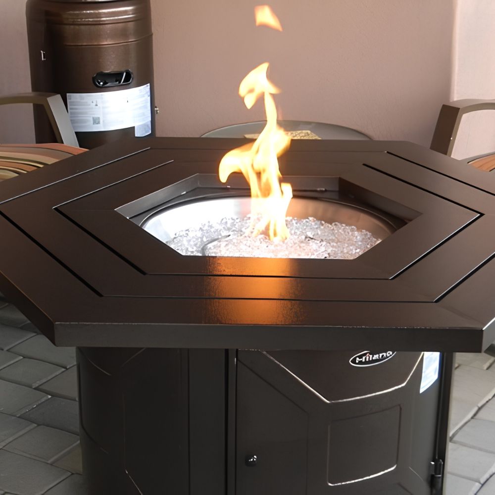 HammeredBronzeHexagonAluminumFirePitTable-lifestyle,goldstardining.com