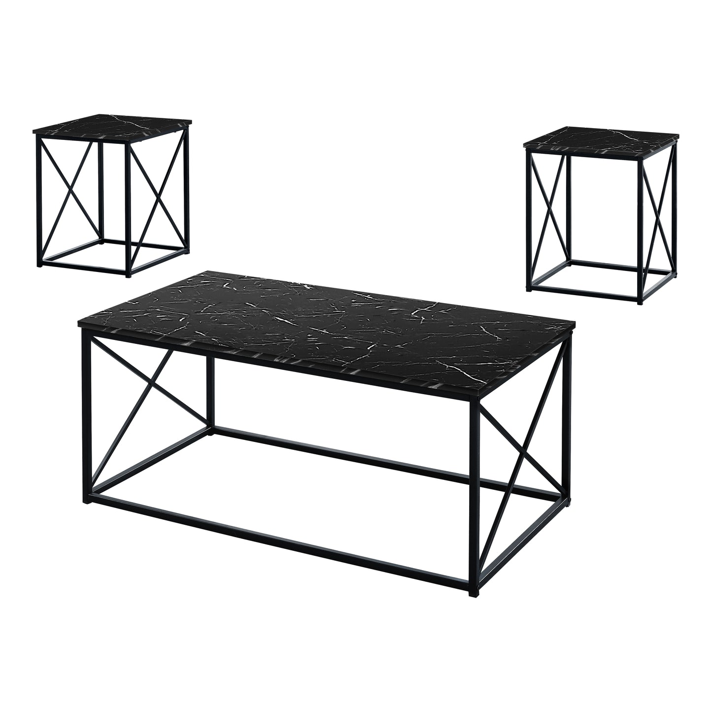 Monarch Specialties Table Set, 3pcs Set, Coffee, End, Side, Black Marble Look I 7954P