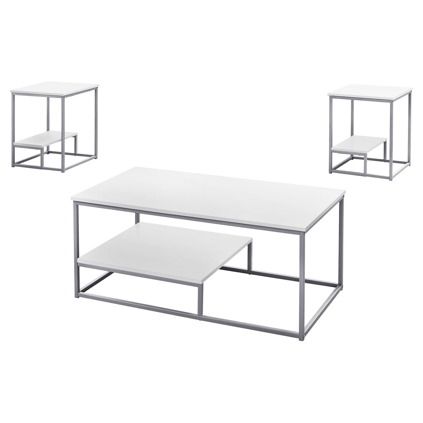 Monarch Specialties Table Set, 3pcs Set, Coffee, End, White, Grey I 7961P