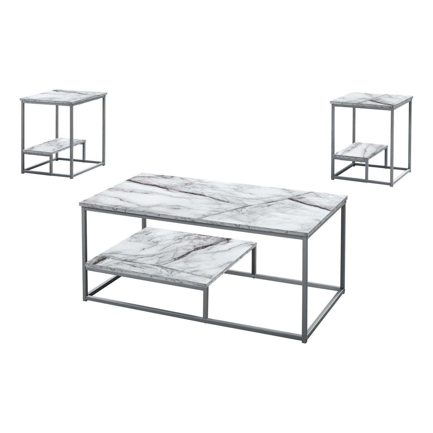 Monarch Specialties Table Set, 3pcs Set, White Marble Look, Grey, I 7963P