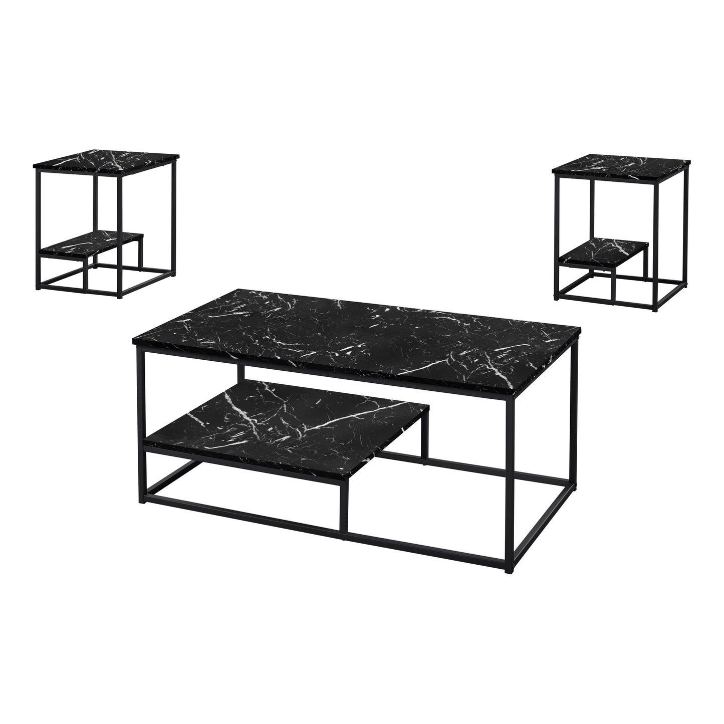 Monarch Specialties Table Set, 3pcs Set, Black Marble Look, I 7964P