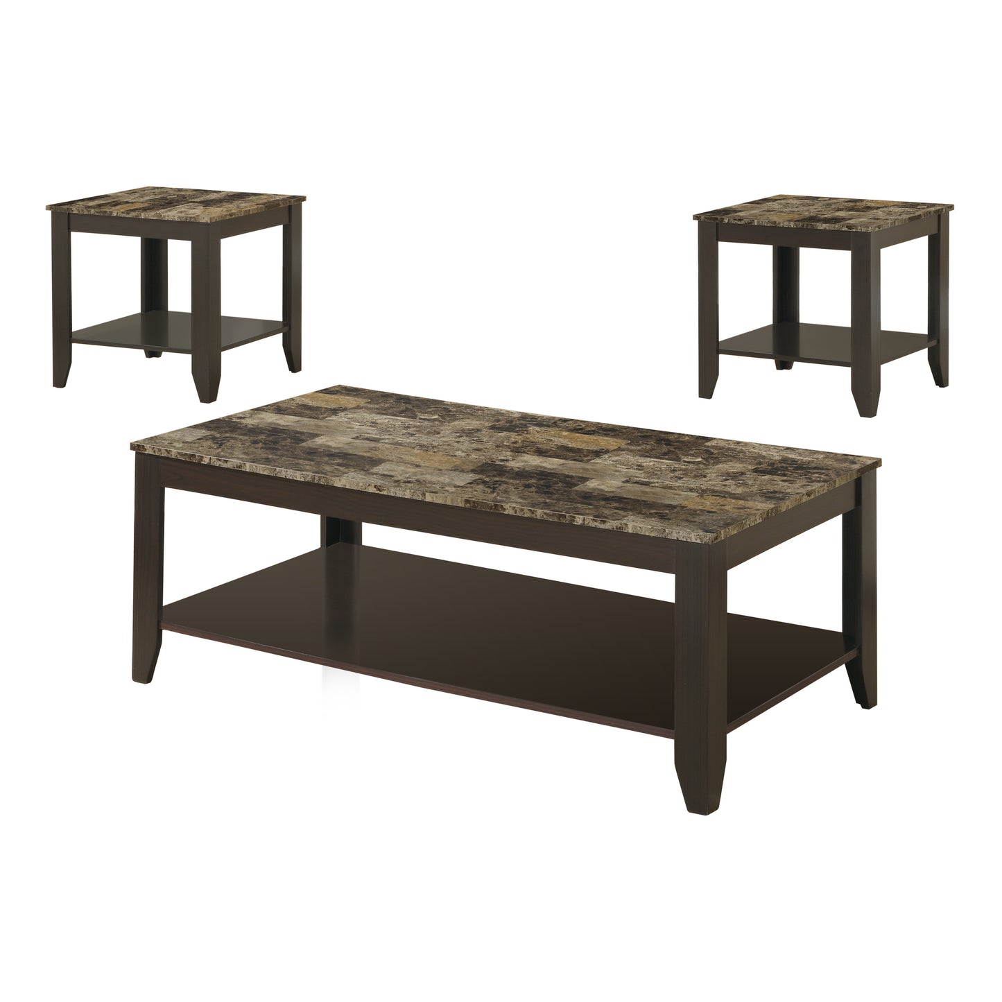 Monarch Specialties Table Set, 3pcs Set, Brown Marble Look, I 7984P