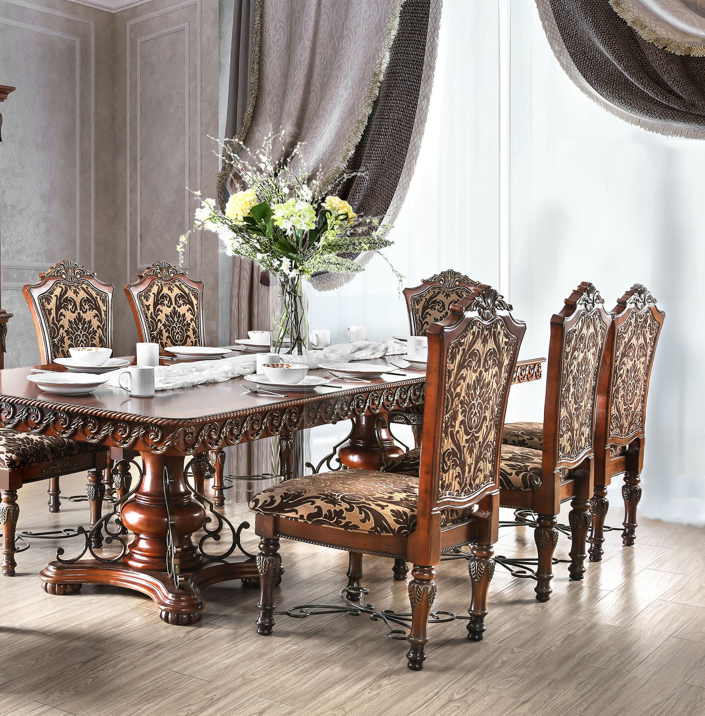 Furniture of America Emari Traditional Double Pedestals Dining Table IDF-3788T