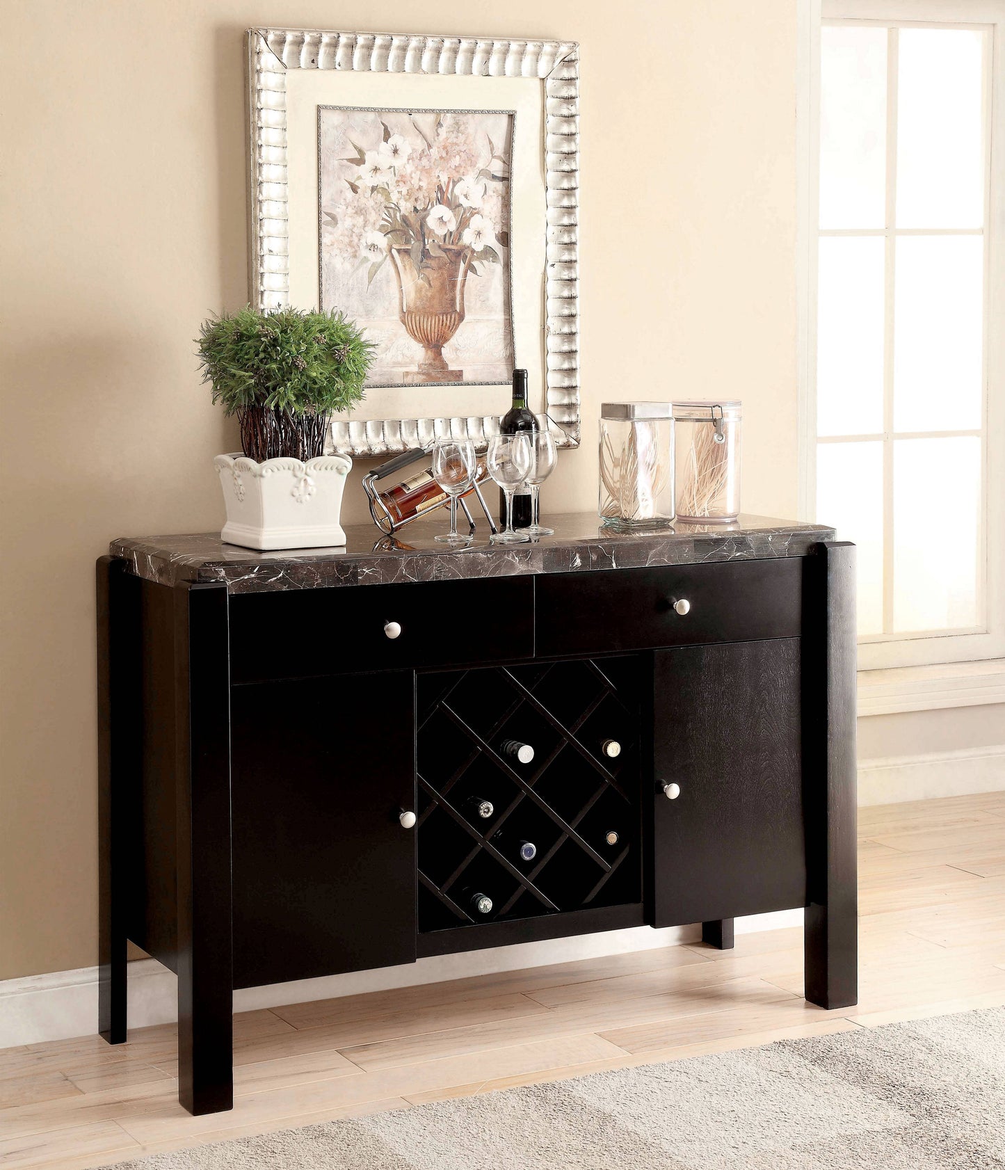 Furniture of America Rumie Contemporary Marble Top Server IDF-3823BK-SV