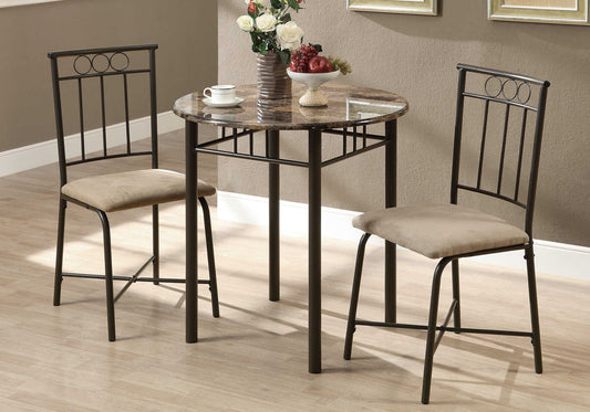 Monarch Specialties Dining Table Set, 3pcs Set, Brown Marble Look I 3045