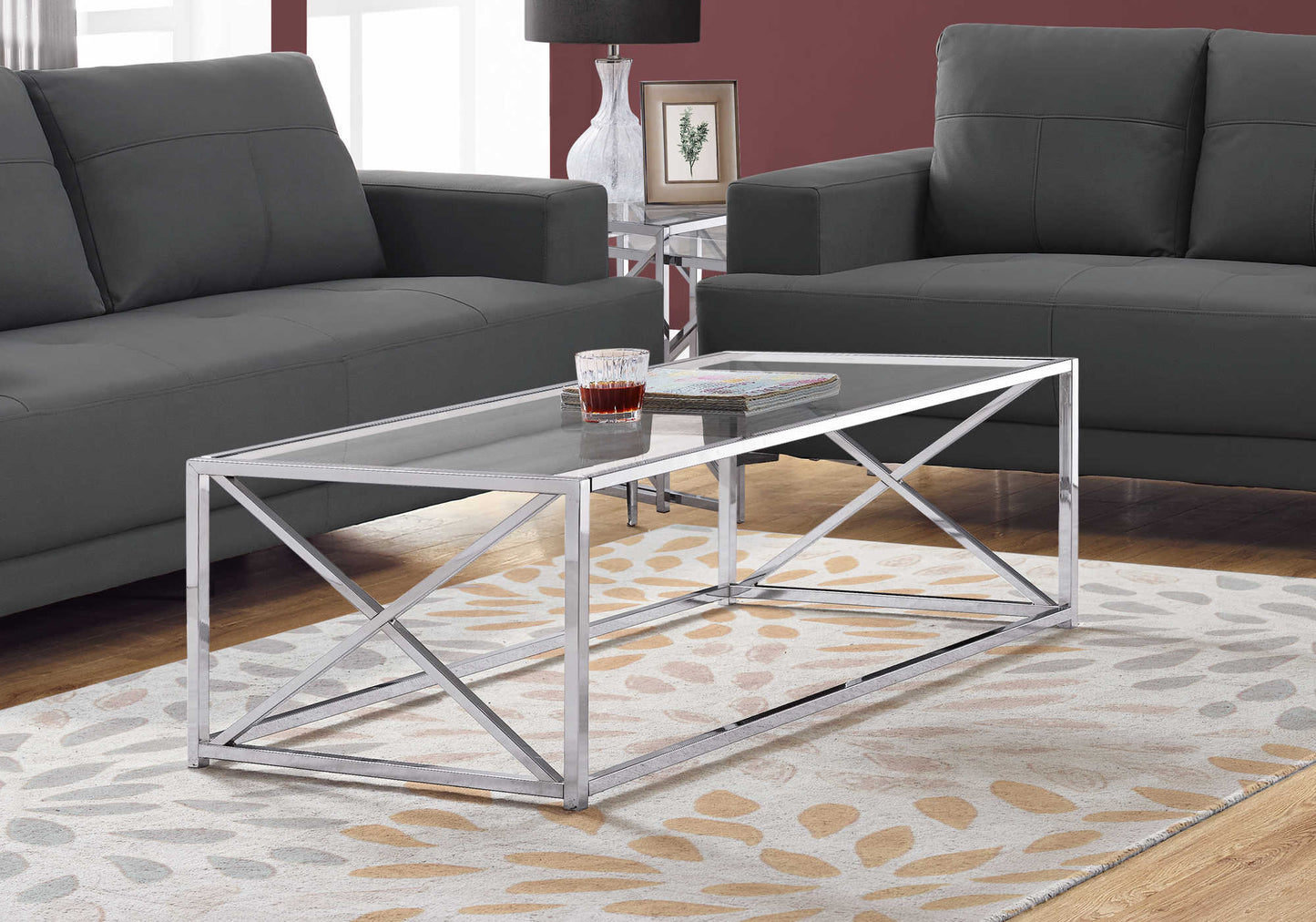 Monarch Specialties Coffee Table, Rectangular, 44"L, Metal, Tempered Glass, I 3440