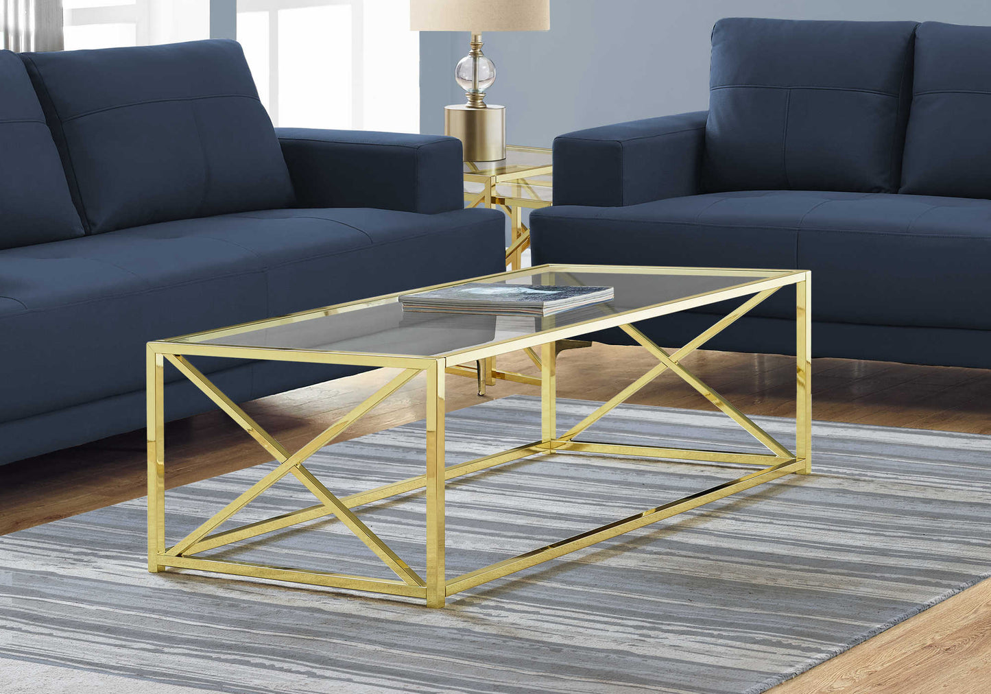 Monarch Specialties Coffee Table, Rectangular, 44"L, Tempered Glass, Gold, I 3444