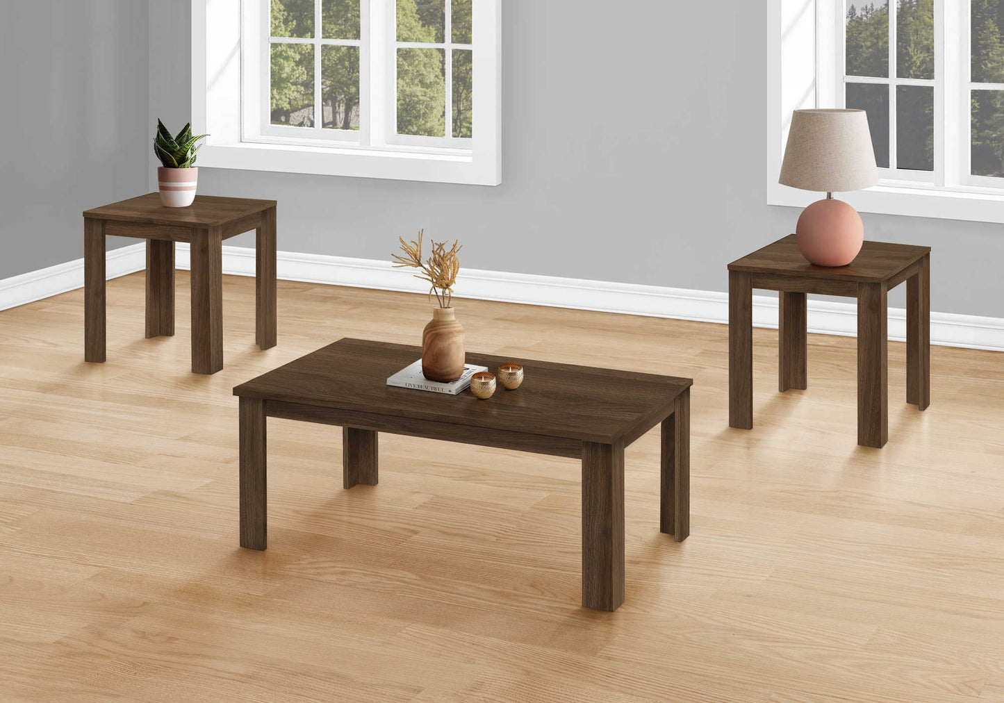 Monarch Specialties Table Set, 3pcs Set, Coffee, End, Side, Walnut, I 7862P