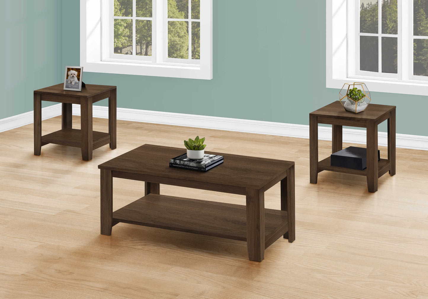 Monarch Specialties Table Set, 3pcs Set, Coffee, End, Walnut, I 7882P