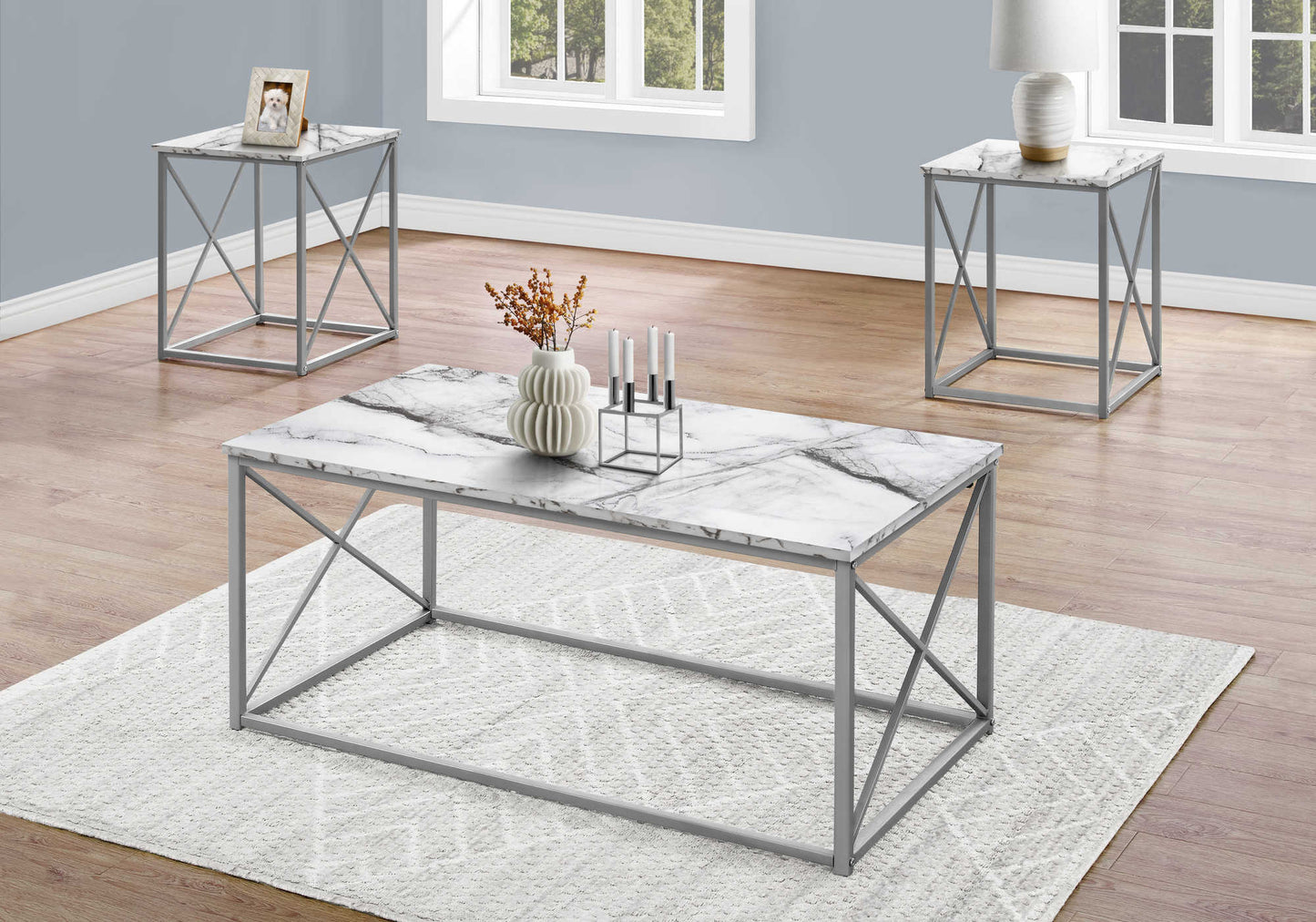 Monarch Specialties Table Set, 3pcs Set, Coffee, End, Side, Grey, I 7953P