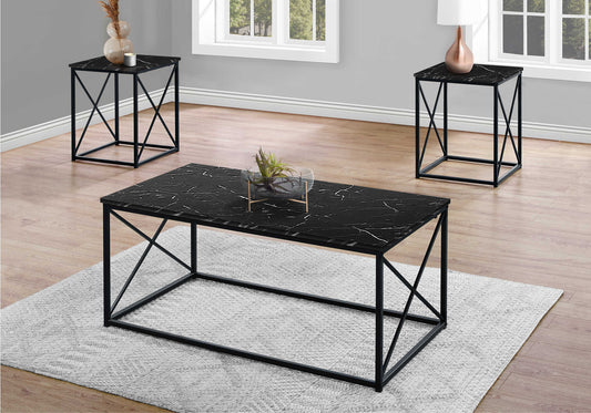 Monarch Specialties Table Set, 3pcs Set, Coffee, End, Side, Black Marble Look I 7954P