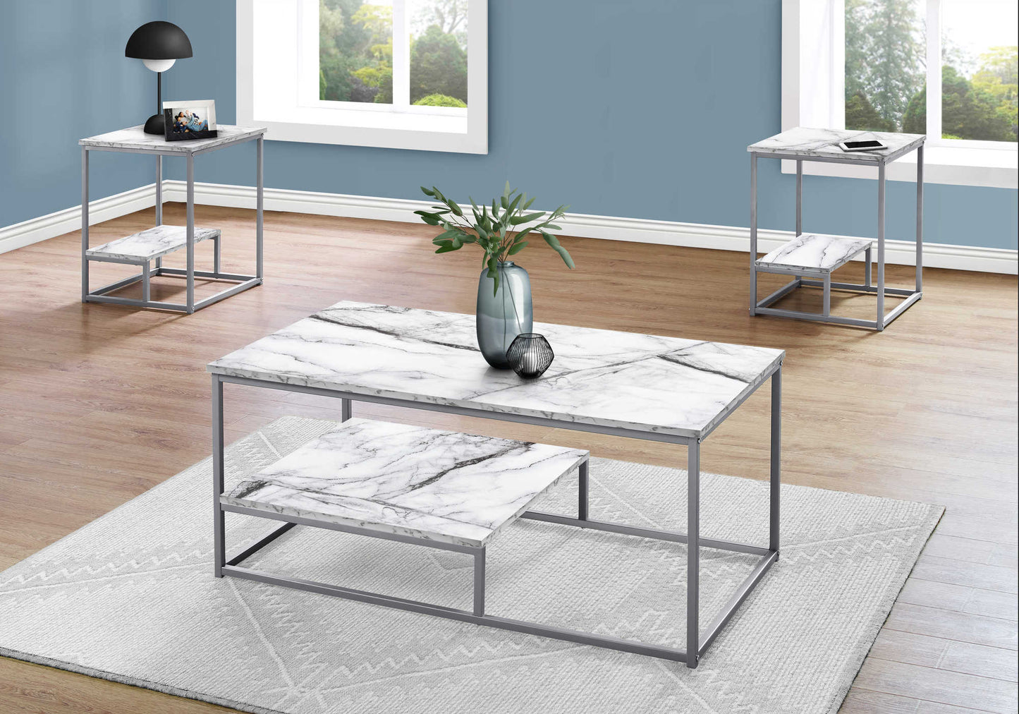 Monarch Specialties Table Set, 3pcs Set, White Marble Look, Grey, I 7963P