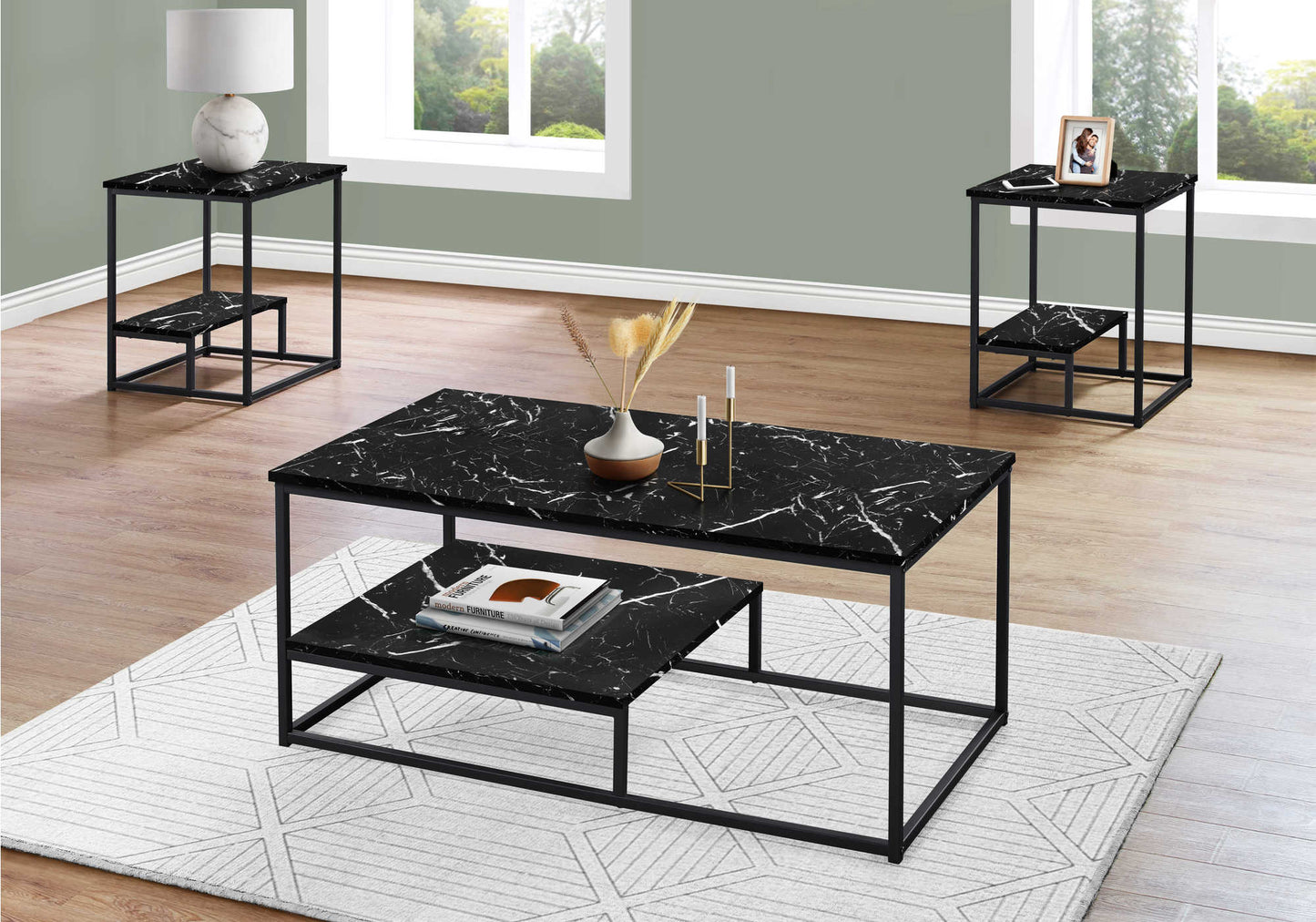 Monarch Specialties Table Set, 3pcs Set, Black Marble Look, I 7964P