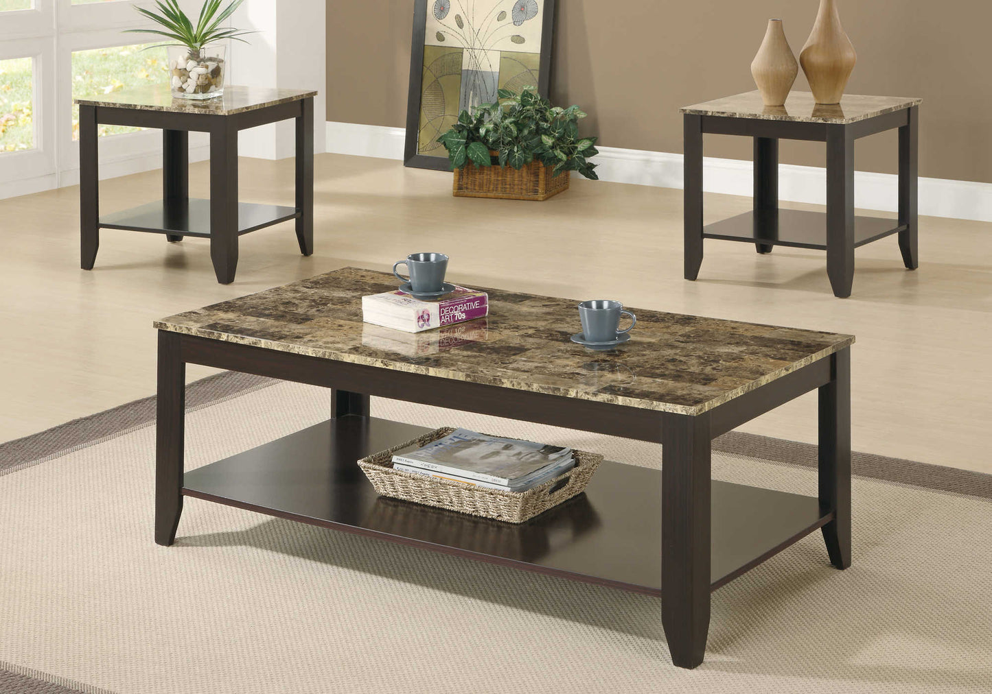 Monarch Specialties Table Set, 3pcs Set, Brown Marble Look, I 7984P