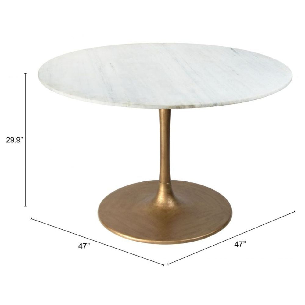 dimensions Ithaca Dining Table Marble Top, White & Gold Pedestal, goldstardining.com