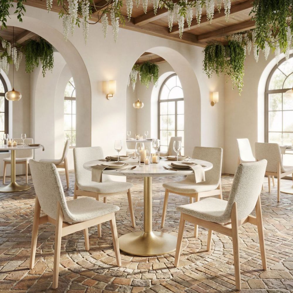 2 lifestyle Ithaca Dining Table Marble Top, White & Gold Pedestal, goldstardining.com