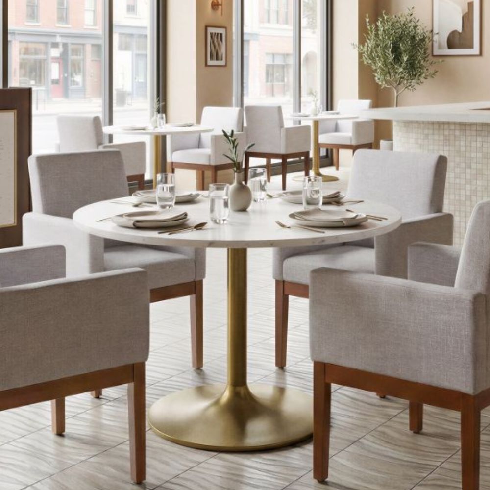 6  lifestyle Ithaca Dining Table Marble Top, White & Gold Pedestal, goldstardining.com
