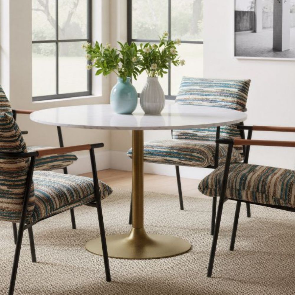 5 lifestyle Ithaca Dining Table Marble Top, White & Gold Pedestal, goldstardining.com