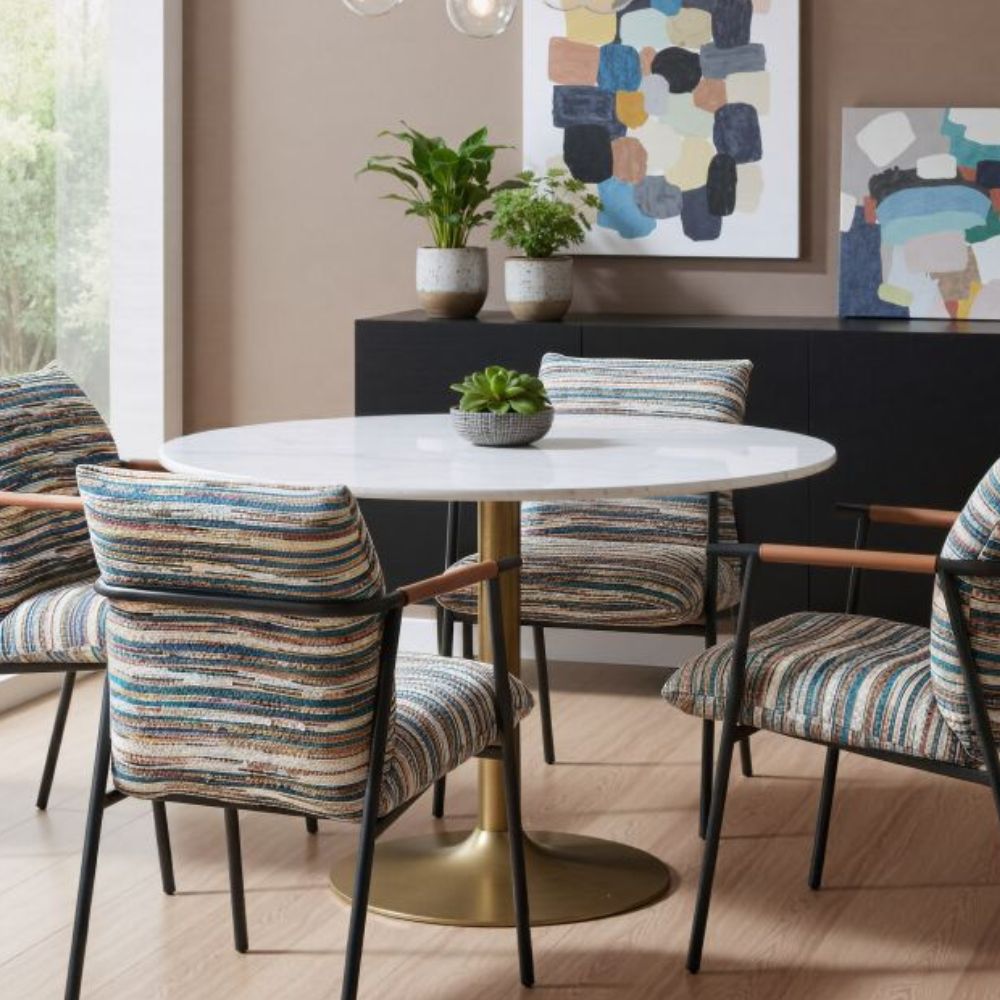 3  lifestyle Ithaca Dining Table Marble Top, White & Gold Pedestal, goldstardining.com