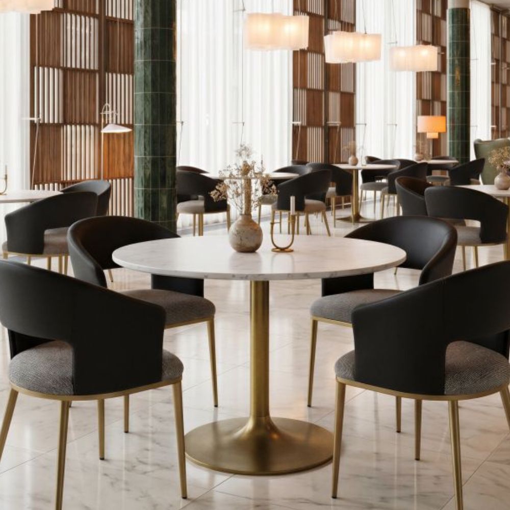 4 lifestyle Ithaca Dining Table Marble Top, White & Gold Pedestal, goldstardining.com