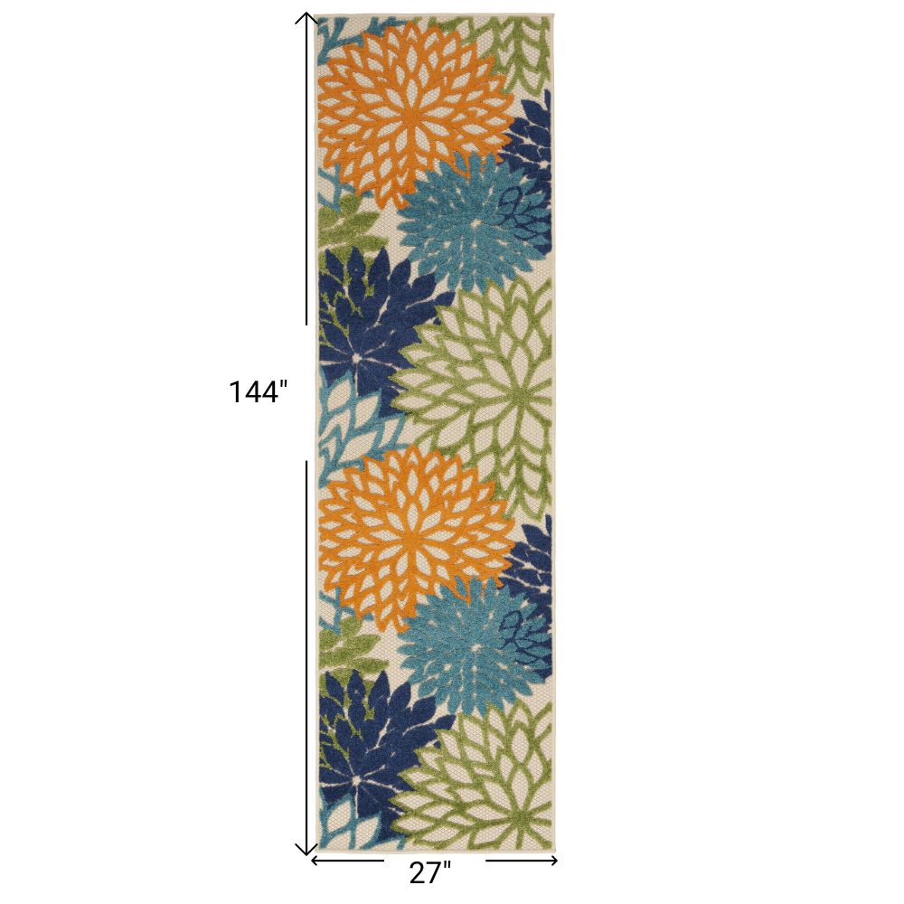 Ivory And Blue Floral Indoor Outdoor Runner Rug