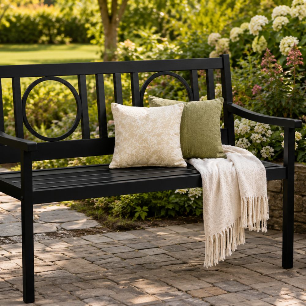 45" Black Metal Geometric Back Garden Patio Bench
