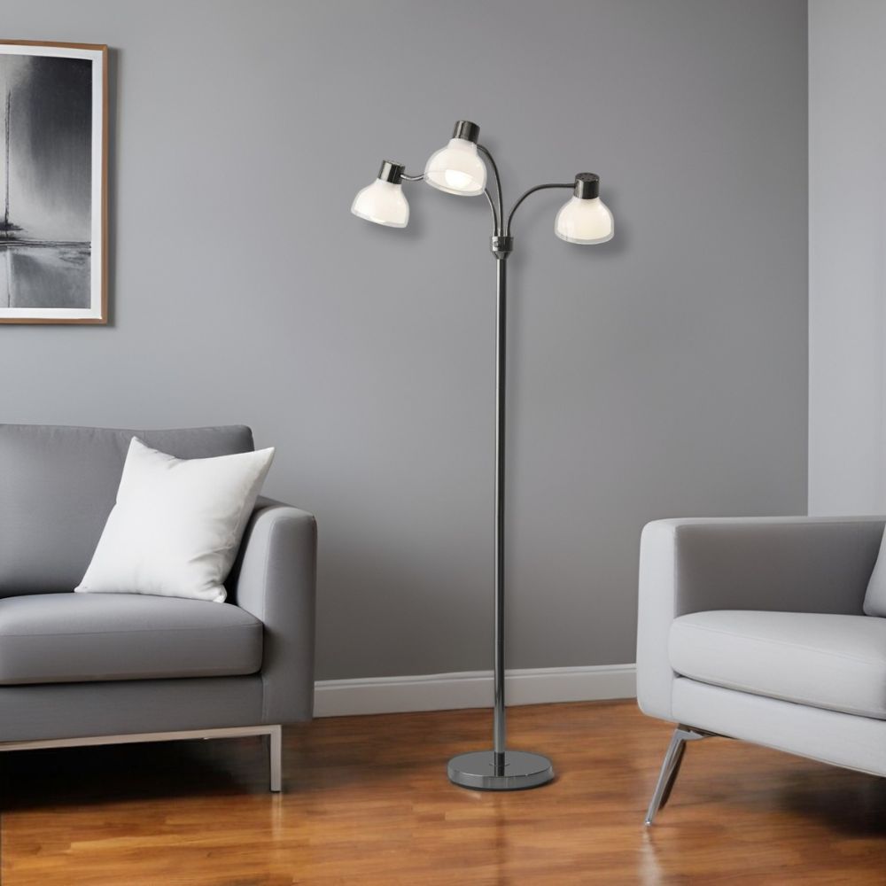 69" Metal Three Light Tree Floor Lamp With White Bowl Shade