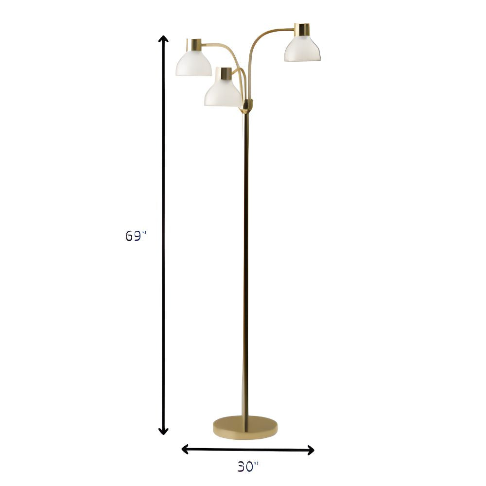 69" Metal Three Light Tree Floor Lamp With White Bowl Shade