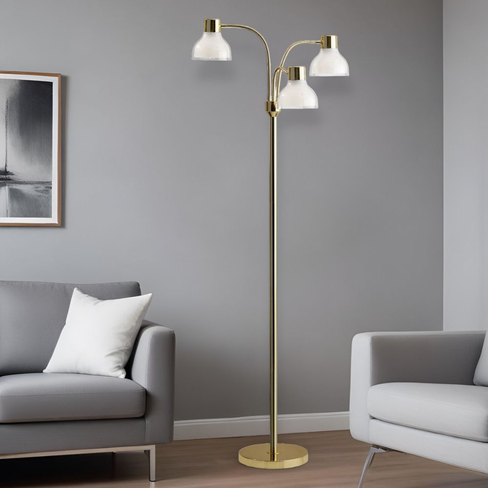 69" Metal Three Light Tree Floor Lamp With White Bowl Shade