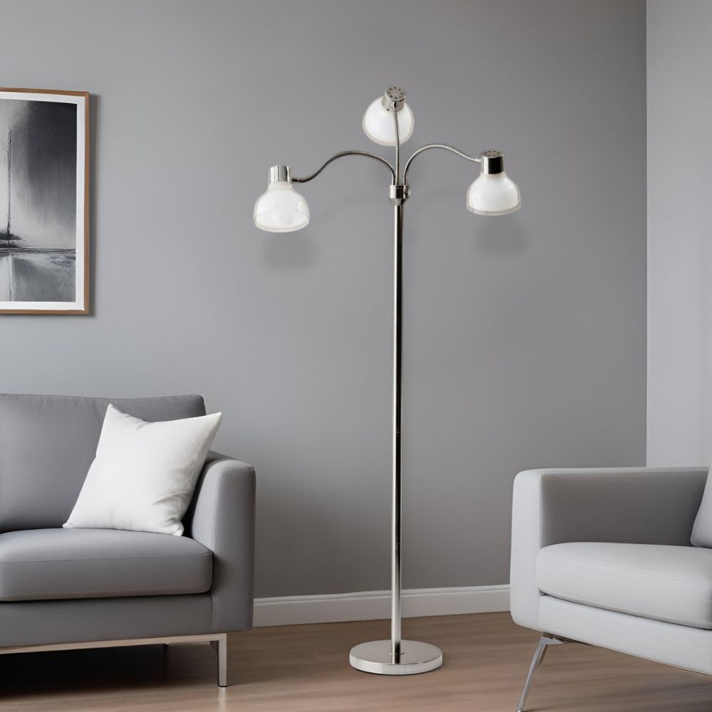 69" Metal Three Light Tree Floor Lamp With White Bowl Shade