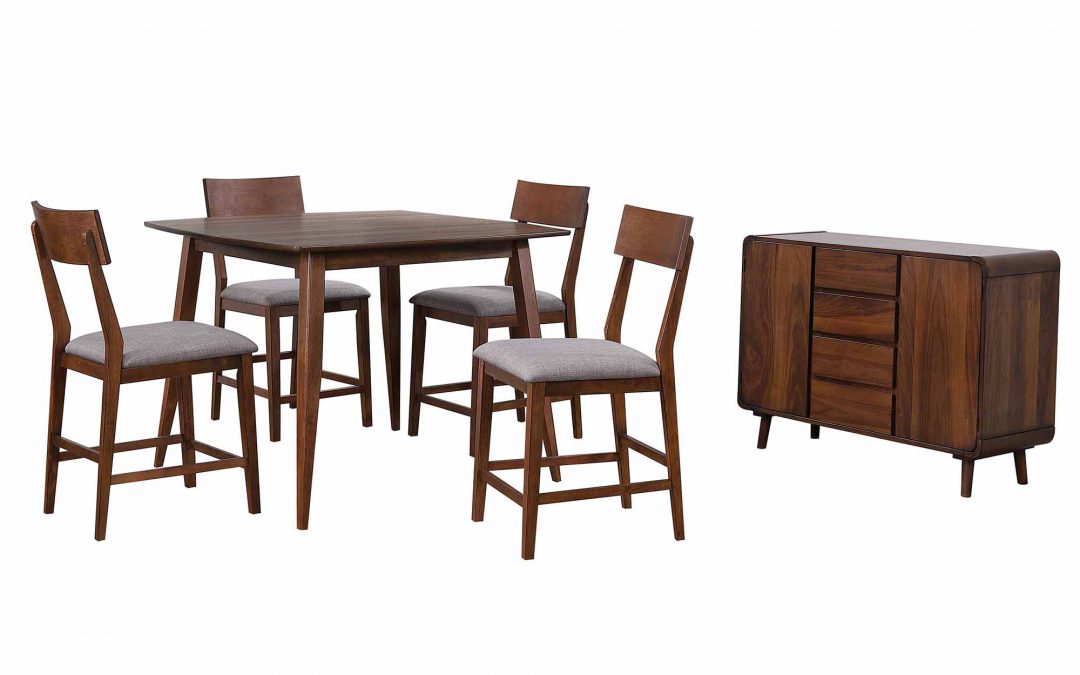 Sunset Trading Mid Century 6 Piece 48" Square Counter Height Pub Table Dining Set | Padded Performance Fabric Seats | Server | Seats 6 DLU-MC4848-B45-SR6P