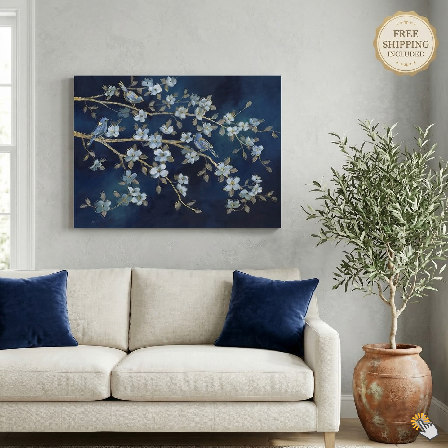 Navy Blue Watercolor Midnight Bird Rendezvous Canvas Wall Art 18" x 24"