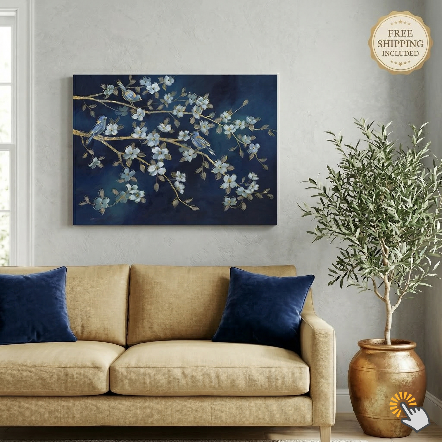 Navy Blue Watercolor Midnight Bird Rendezvous Canvas Wall Art 18" x 24"