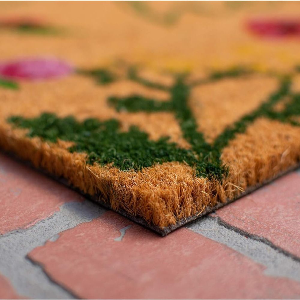 Natural and Green Coir Floral Hello Outdoor Door Mat
