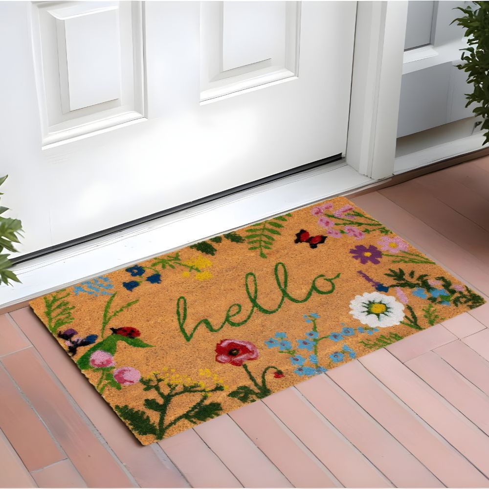 Natural and Green Coir Floral Hello Outdoor Door Mat