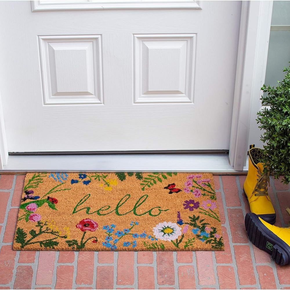Natural and Green Coir Floral Hello Outdoor Door Mat