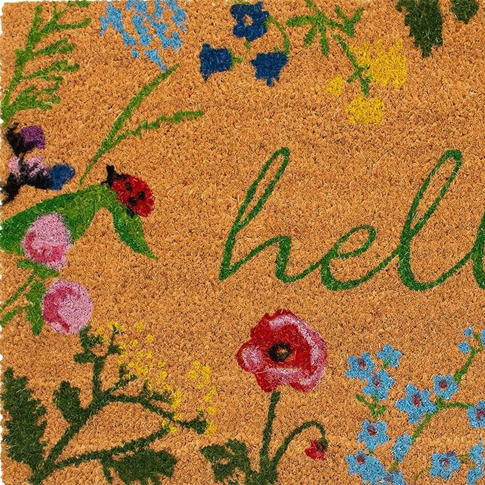 Natural and Green Coir Floral Hello Outdoor Door Mat