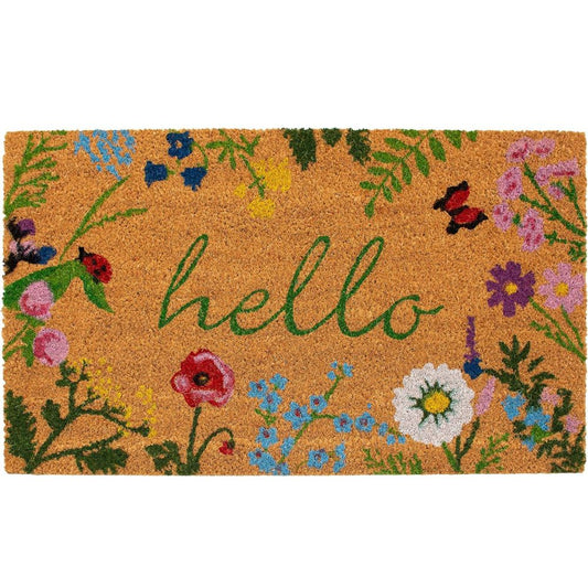 Natural and Green Coir Floral Hello Outdoor Door Mat