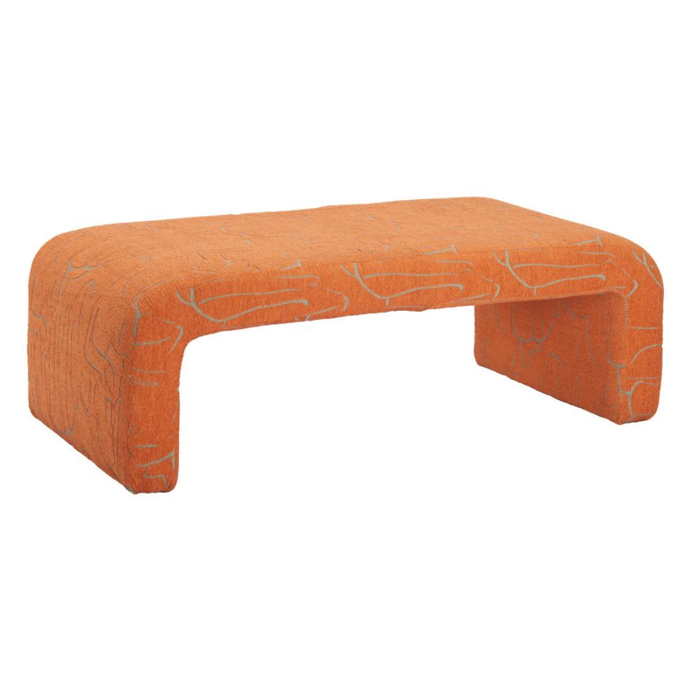 50" Orange Fabric Abstract Curvy Upholstered Bench