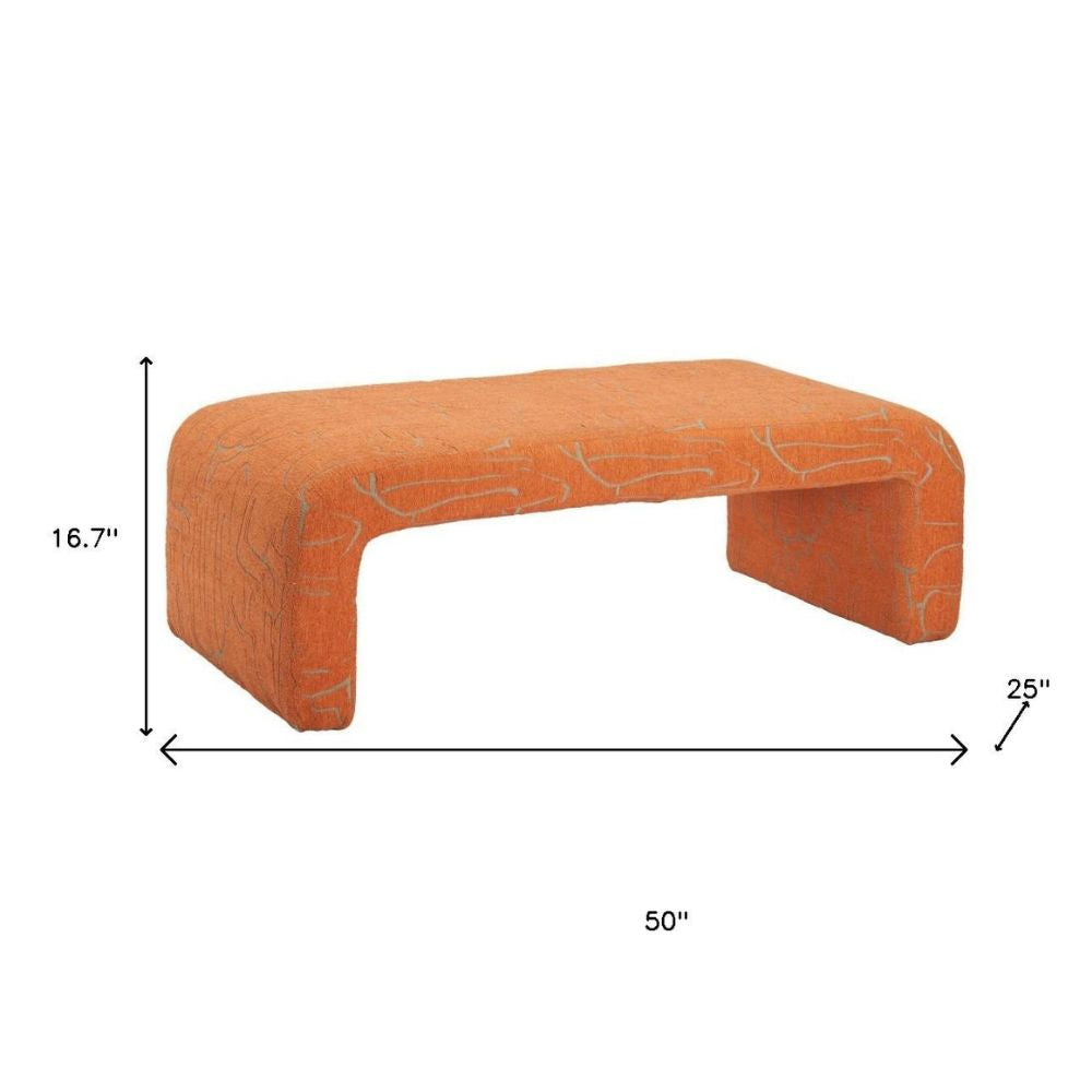50" Orange Fabric Abstract Curvy Upholstered Bench