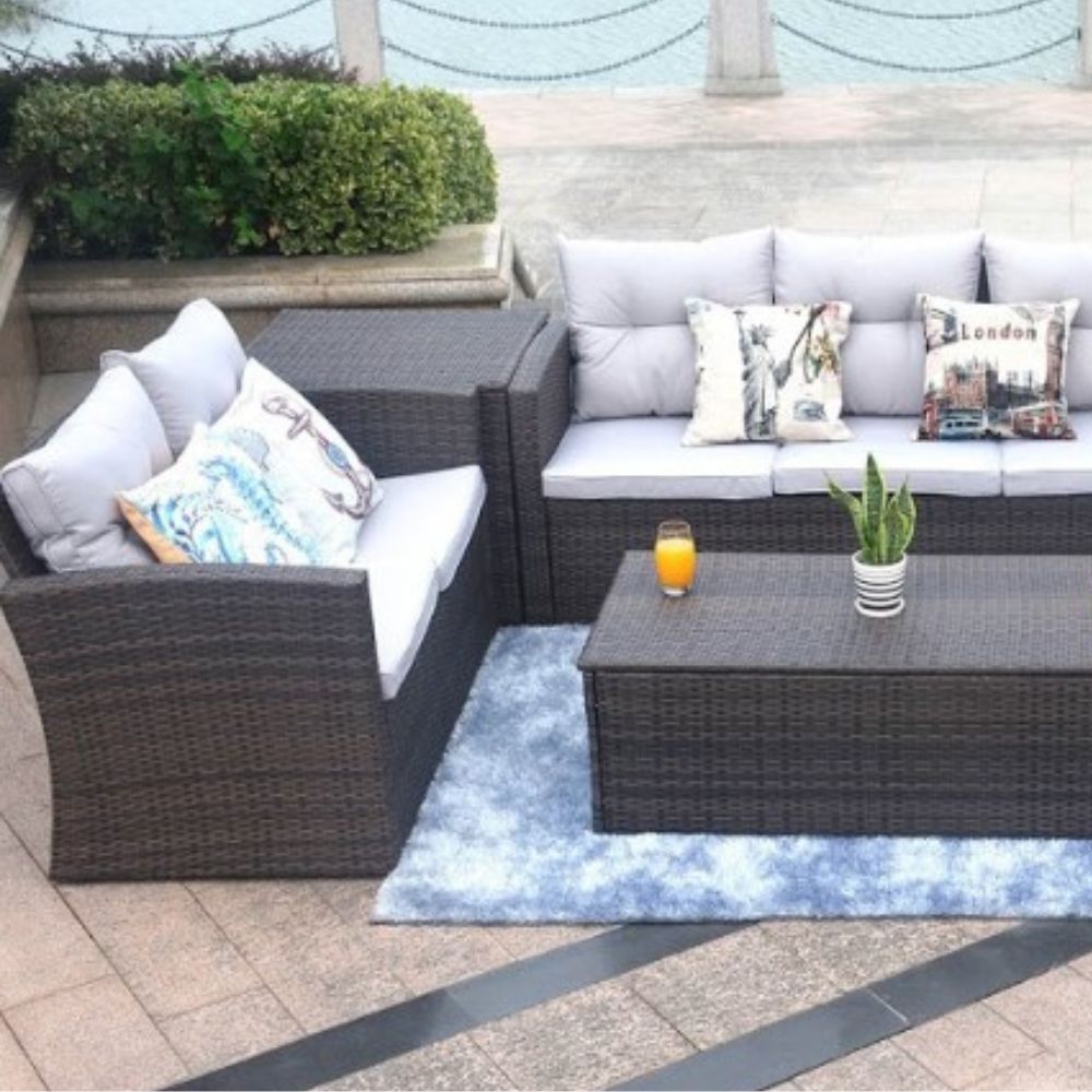 Six Piece Outdoor Brown Metal Sofa Seating Group With Cushions