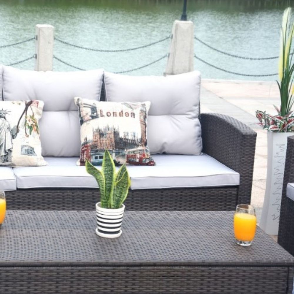Six Piece Outdoor Brown Metal Sofa Seating Group With Cushions