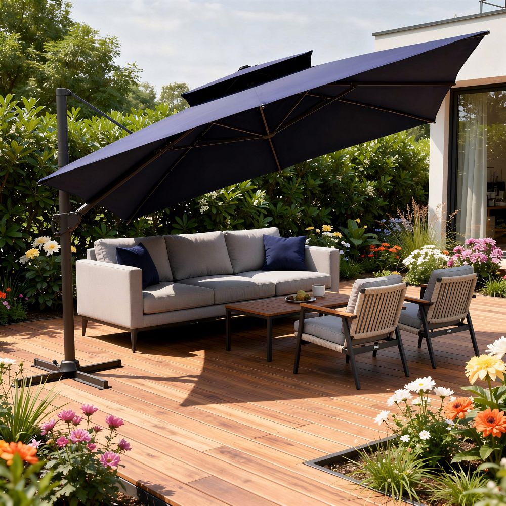 11' Navy Blue Polyester Round Tilt Cantilever Patio Umbrella With Stand