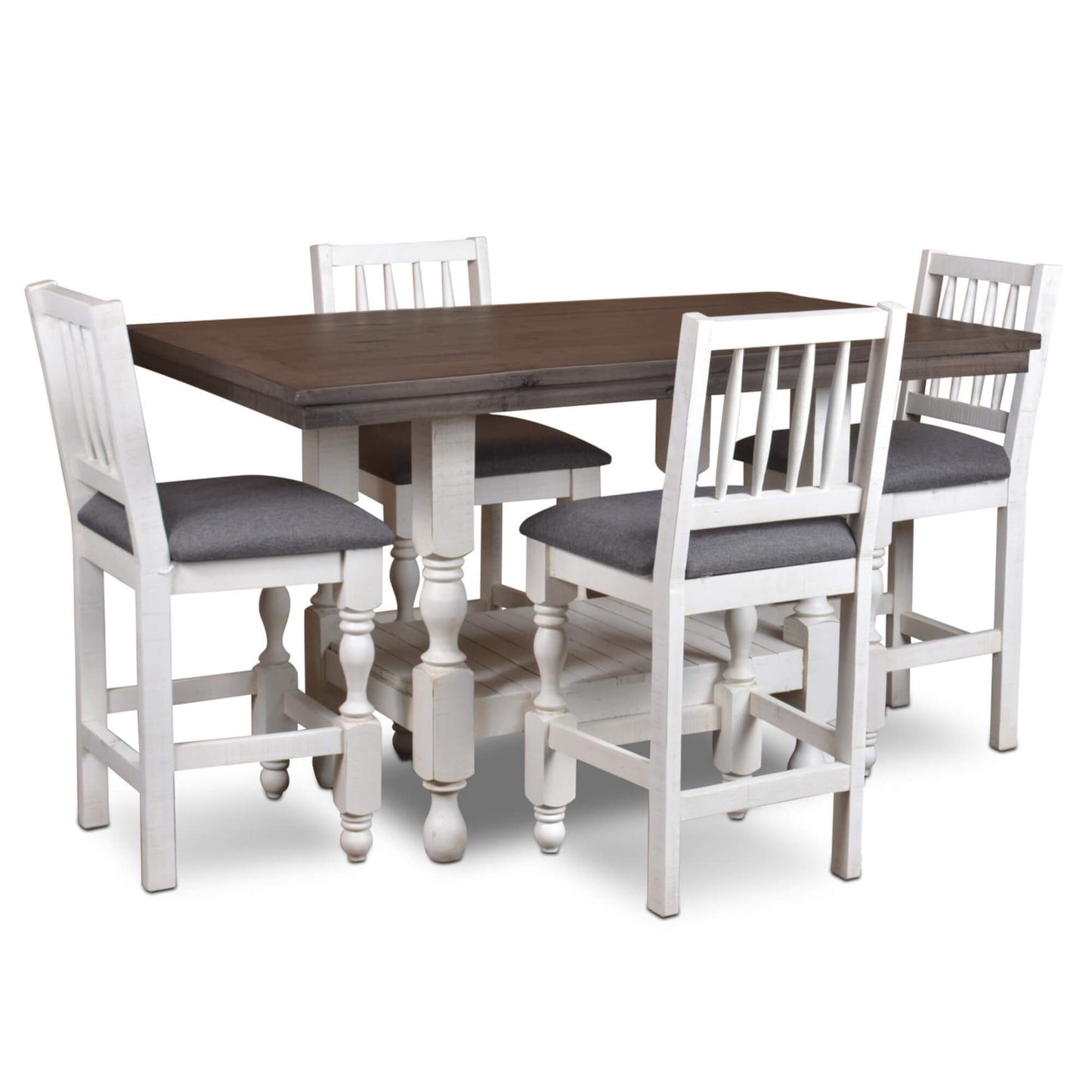 Sunset Trading Rustic French 60" Rectangular Counter Height Dining Table Set | Pub High Top Seating | 4 Stools | Distressed White and Brown Solid Wood | Home Bar Furniture HH-8750-024-5P